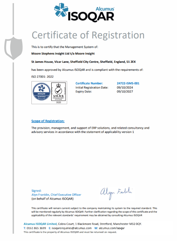 Moore Insights ISO 27001 certificate